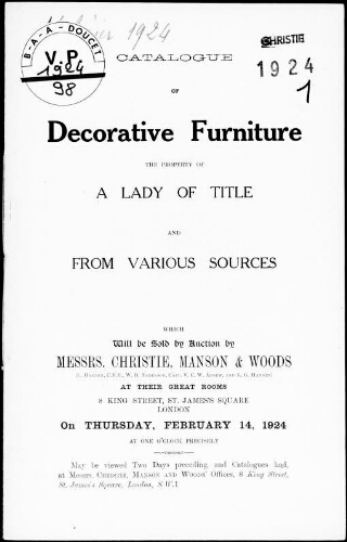 Catalogue of decorative furniture, the property of a lady of title [...] : [vente du 14 février 1924]