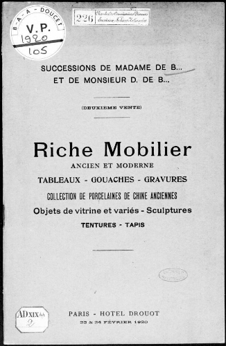 Catalogue des meubles et sièges anciens et modernes de l'époque ou style Louis XV et Louis XVI [...] : [vente des 23 et 24 février 1920]