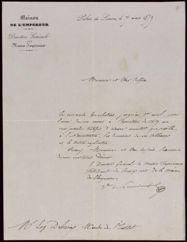 Lettre du comte de Nieuwerkerke à Eugène Delacroix du 7 mars 1859