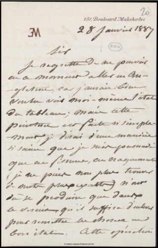 Lettre de Jean-Louis-Ernest Meissonier, Paris, 28 janvier 1887