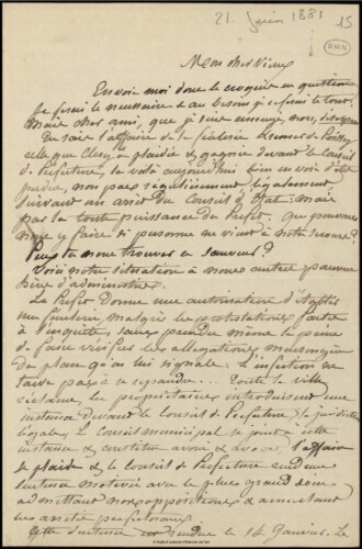 Lettre de Jean-Louis-Ernest Meissonier, 21 juin 1881