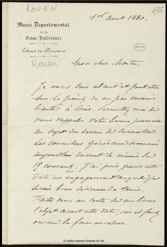 Lettre du Musée départemental de la Seine-Inférieure à Jean-Louis-Ernest Meissonier, 1er août 1880