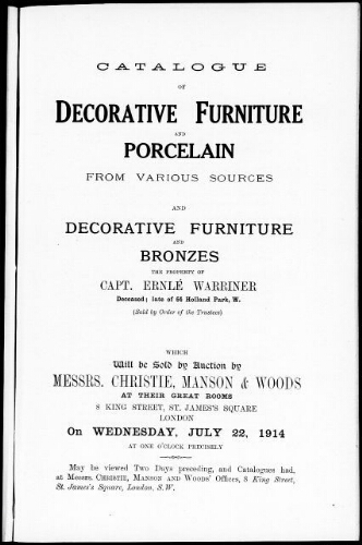 Catalogue of decorative furniture and porcelain […] : [vente du 22 juillet 1914]