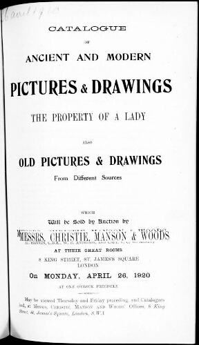 Catalogue of ancient and modern pictures and drawings the property of a lady […] : [vente du 26 avril 1920]