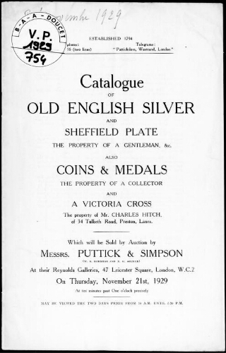 Catalogue of old English silver and Sheffield plate, the property of a gentleman [...] : [vente du 21 novembre 1929]