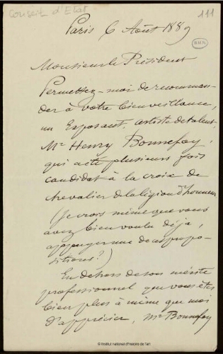 Lettre d'un vice-amiral, Conseiller d'Etat, à Jean-Louis-Ernest Meissonier, 6 août 1889