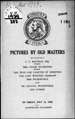 Catalogue of pictures by old masters [...] : [vente du 14 juillet 1939]