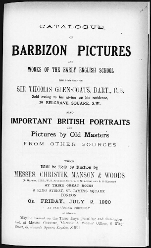 Catalogue of Barbizon Pictures and Works of the Early English School [...] : [vente du 2 juillet 1920]