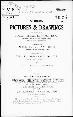 Catalogue of modern pictures and drawings, the property of John Henderson, Esq. [...] : [vente du 2 juin 1924]