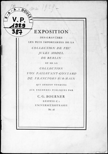 Exposition des gravures les plus importantes de la collection de feu Jules Model [...] : [vente des 10, 11 et du 13 au 15 mai 1929]