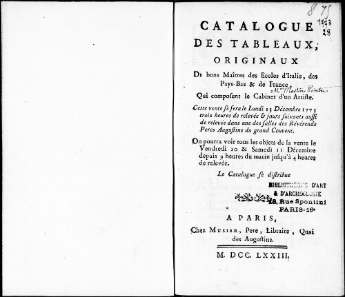 Catalogue des tableaux, originaux de bons maîtres des écoles d'Italie, des Pays-Bas et de France qui composent le cabinet d'un artiste [...] : [vente du 13 décembre 1773]