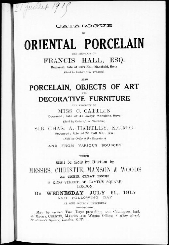 Catalogue of oriental porcelain […] : [vente du 21 juillet 1915]