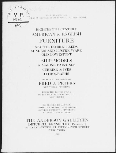 Eighteenth century American and English furniture [...] to be sold by order of Fred J. Peters [...] : [vente des 15 et 16 octobre 1926]
