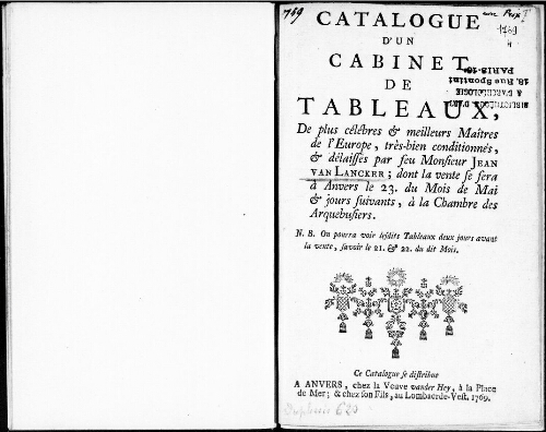 Catalogue d'un cabinet de tableaux des planches des plus célèbres et meilleurs maîtres de l'Europe [...] : [vente du 23 mai 1769]