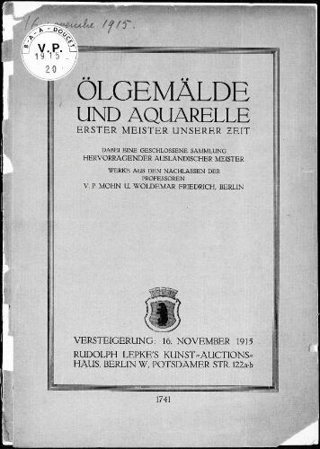 Ölgemälde und Aquarelle erster Meister unserer Zeit [...] : [vente du 16 novembre 1915]