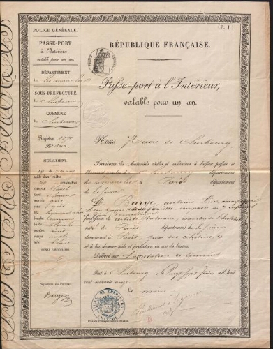 Passeport pour le trajet Cherbourg-Paris, pour la famille Barye, le 27 juin 1871