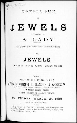 Catalogue of jewels [...] : [vente du 19 mars 1920]