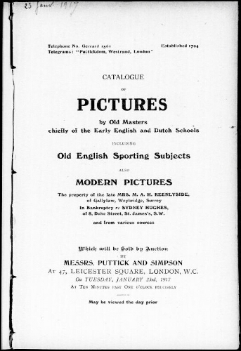 Catalogue of pictures by old masters chiefly of the early English and Dutch schools […] : [vente du 23 janvier 1917]