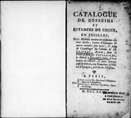 Catalogue de dessins et estampes de choix, en feuilles, des maîtres anciens et modernes des trois écoles, livres d'estampes  [...] : [vente du 9 décembre 1766]