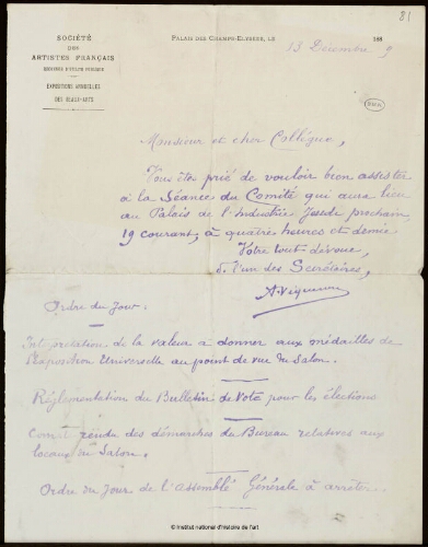 Lettre d'A. Viqueron à Jean-Louis-Ernest Meissonier, 13 décembre 1889