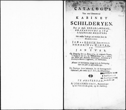 Catalogus van een uitmuntend kabinet Schilderyen, door de beste Nederlandische, Brabandsche en Italiaansche meesters [...] : [vente du 21 juin 1774]