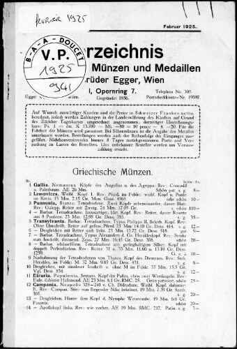 Verzeichnis, verkäuflicher Münzen und Medaillen der Brüder Egger, Wien [...] : [vente du 28 février 1925]