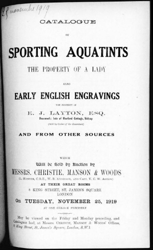 Catalogue of sporting aquatints the propery of a lady, also early English engravings the property of E. J. Layton [...] : [vente du 25 novembre 1919]