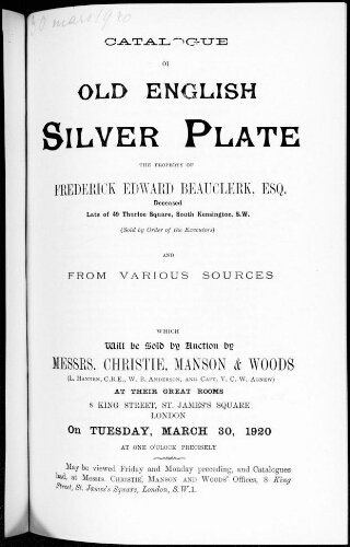 Catalogue of old english silver plate [...] : [vente du 30 mars 1920]