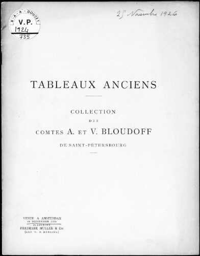 Tableaux anciens, collection des comtes A. et V. Bloudoff, de Saint-Pétersbourg : [vente du 25 novembre 1924]