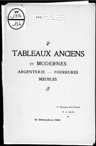 Catalogue des tableaux anciens et modernes […] : [vente du 21 décembre 1916]