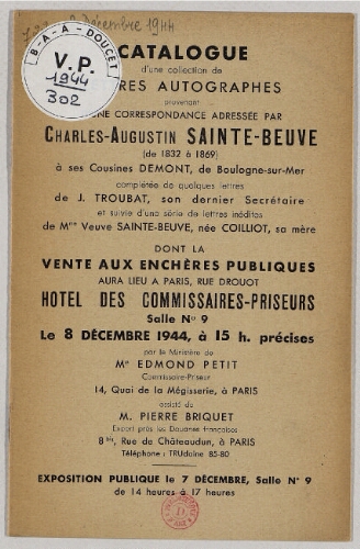 Catalogue d'une collection de lettres autographes [...] : [vente du 8 décembre 1944]