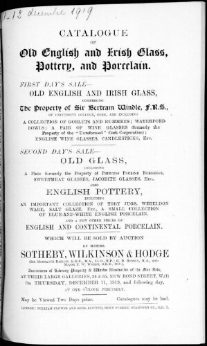 Catalogue of old English and Irish glass, pottery, and porcelain [...] : [vente des 11 et 12 décembre 1919]