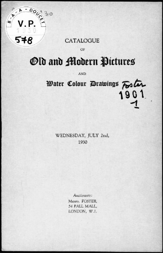 Catalogue of old and modern pictures and water colour drawings : [vente du 2 juillet 1930]