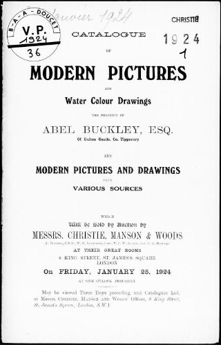 Catalogue of modern pictures and water colour drawings, the property of Abel Buckley, Esq. [...] : [vente du 25 janvier 1924]