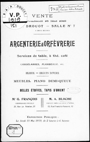 Argenterie et orfèvrerie, services de table, à thé, café [...] : [vente du 16 mai 1919]