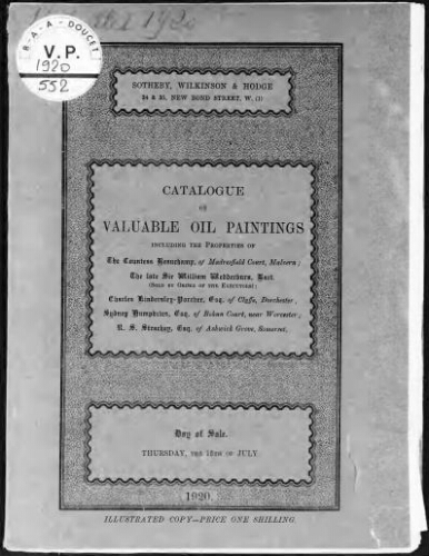 Catalogue of Valuable Oil Paintings Including the Properties of the Countess Beauchamp, of Madresfield Court, Malvern [...] : [vente du 15 juillet 1920]