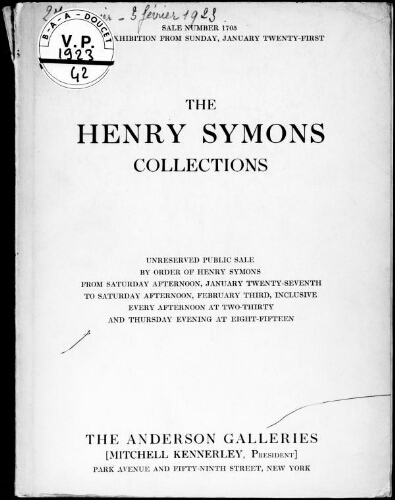The Henry Symons collections [...] : [vente du 27 janvier au 3 février 1923]