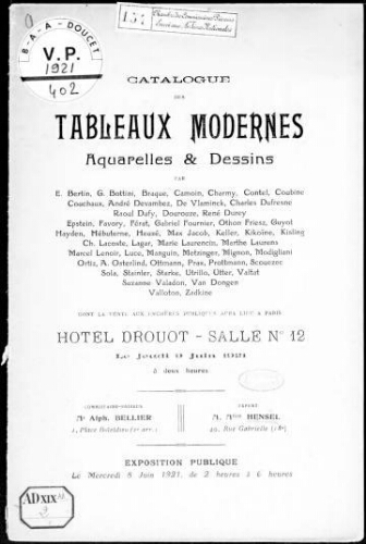 Catalogue des tableaux modernes, aquarelles et dessins [...] : [vente du 9 juin 1921]