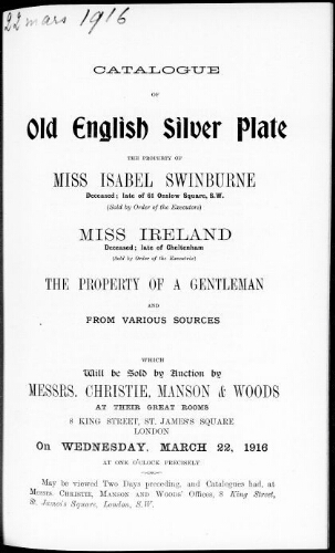 Catalogue of old English silver plate […] : [vente du 22 mars 1916]