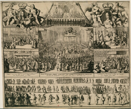 H. Mai. Willem III. en Maria. gekroont tot Koning en Koningin van Engelant. inde abdy van Westmunster in het groote koor den 21 April Anno 1689