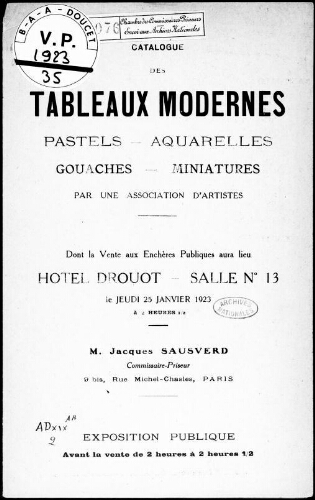 Catalogue des tableaux modernes, pastels, aquarelles, gouaches, miniatures, par une association d'artistes [...] : [vente du 25 janvier 1923]