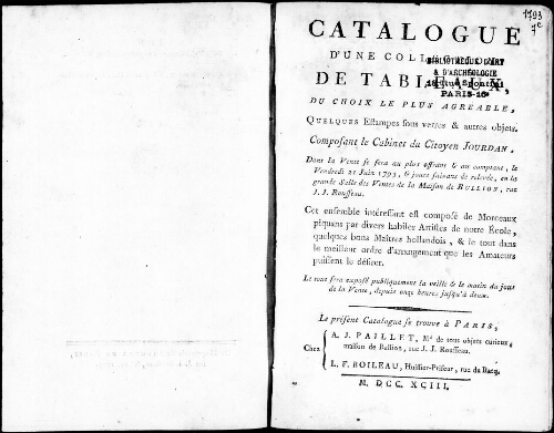 Catalogue de tableaux, du choix le plus agréable [...] : [vente du 21 juin 1793]