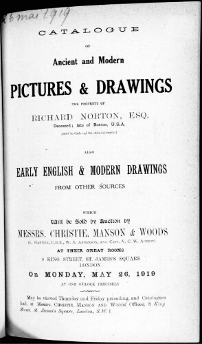 Catalogue of ancient and modern pictures & drawings [...] : [vente du 26 mai 1919]
