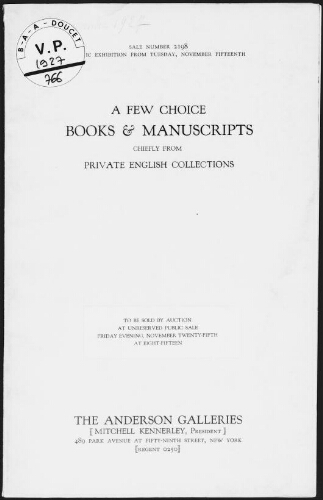 A few choice books and manuscripts [...] : [vente du 25 novembre 1927]