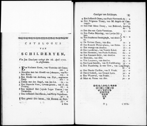 Catalogus von Schilderyen van Jan Doedyns [...] : [vente du 16 avril 1700]