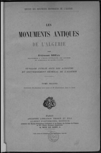 Les Monuments antiques de l'Algérie. Tome 2
