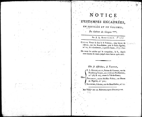 Notice d'estampes encadrées, en feuilles et en volumes [...] : [vente du 29 novembre 1799]
