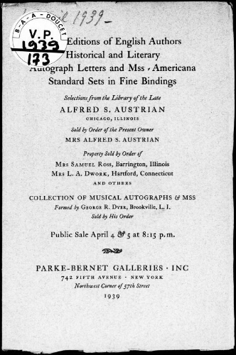First editions of English authors, historical and literary autograph letters […] : [vente des 4 et 5 avril 1939]