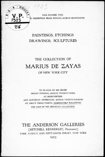 Paintings, etchings, drawings, sculptures, the collection of Marius de Zayas, of New York City [...] : [vente du 24 mars 1923]