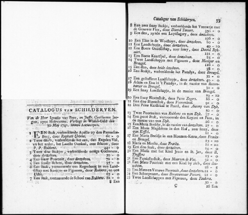 Catalogus van Schilderyen van de Heer Ignatio van Bree en Juffr. Cecilienne Jaegers [...] : [vente du 30 mai 1741]